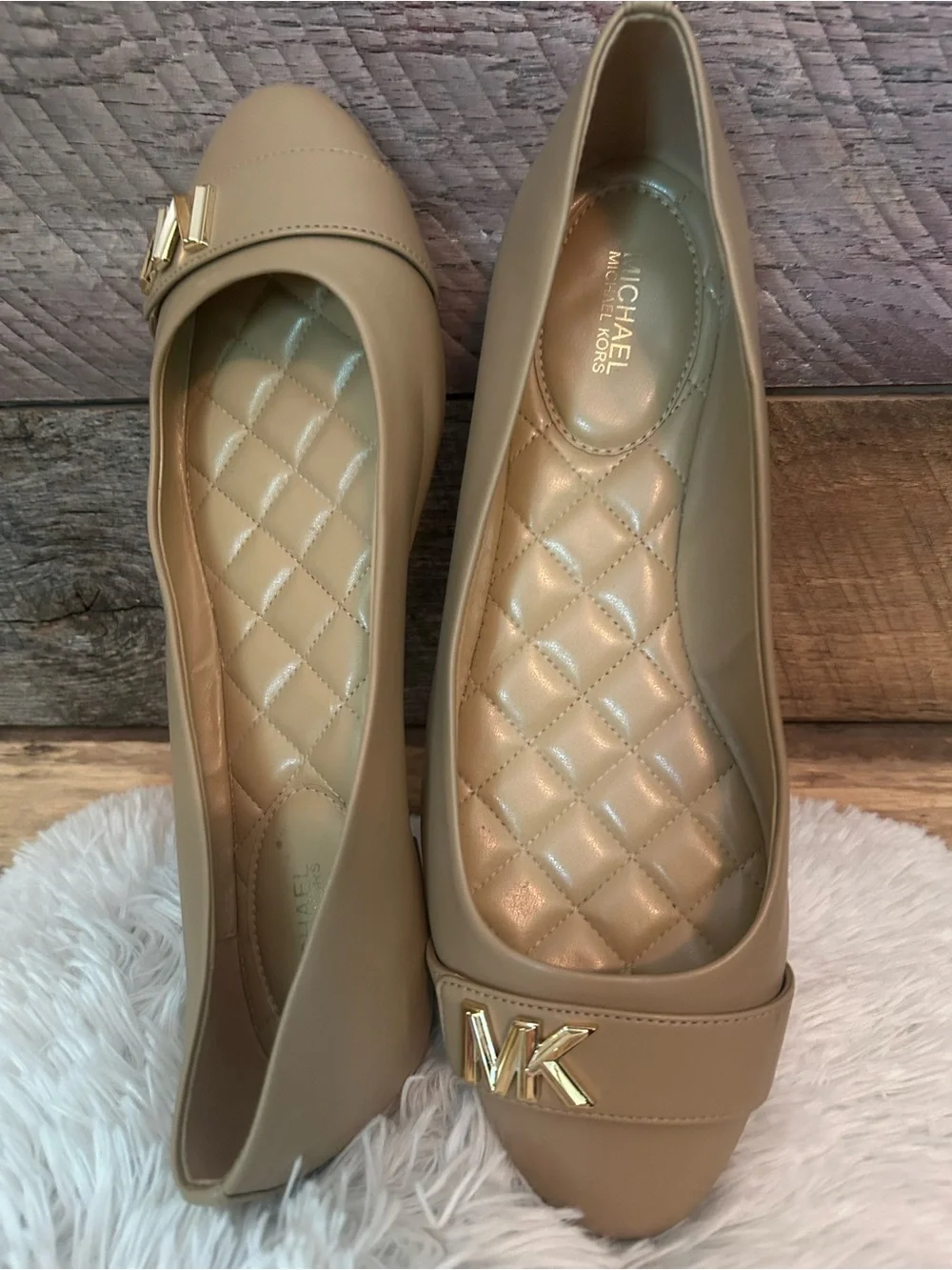 Michael Kors Tan Quilted Insole Ballet Flats with Gold MK Accent